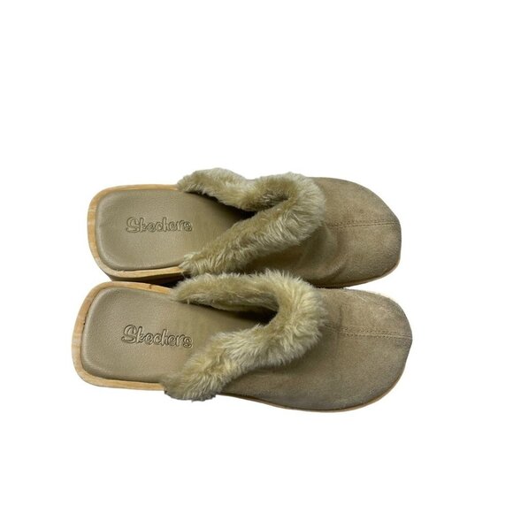 Skechers Spirals II Leather Mules Clogs Slip-On Shoes Faux Fur+Wood Sand Women 7 - Picture 2 of 7